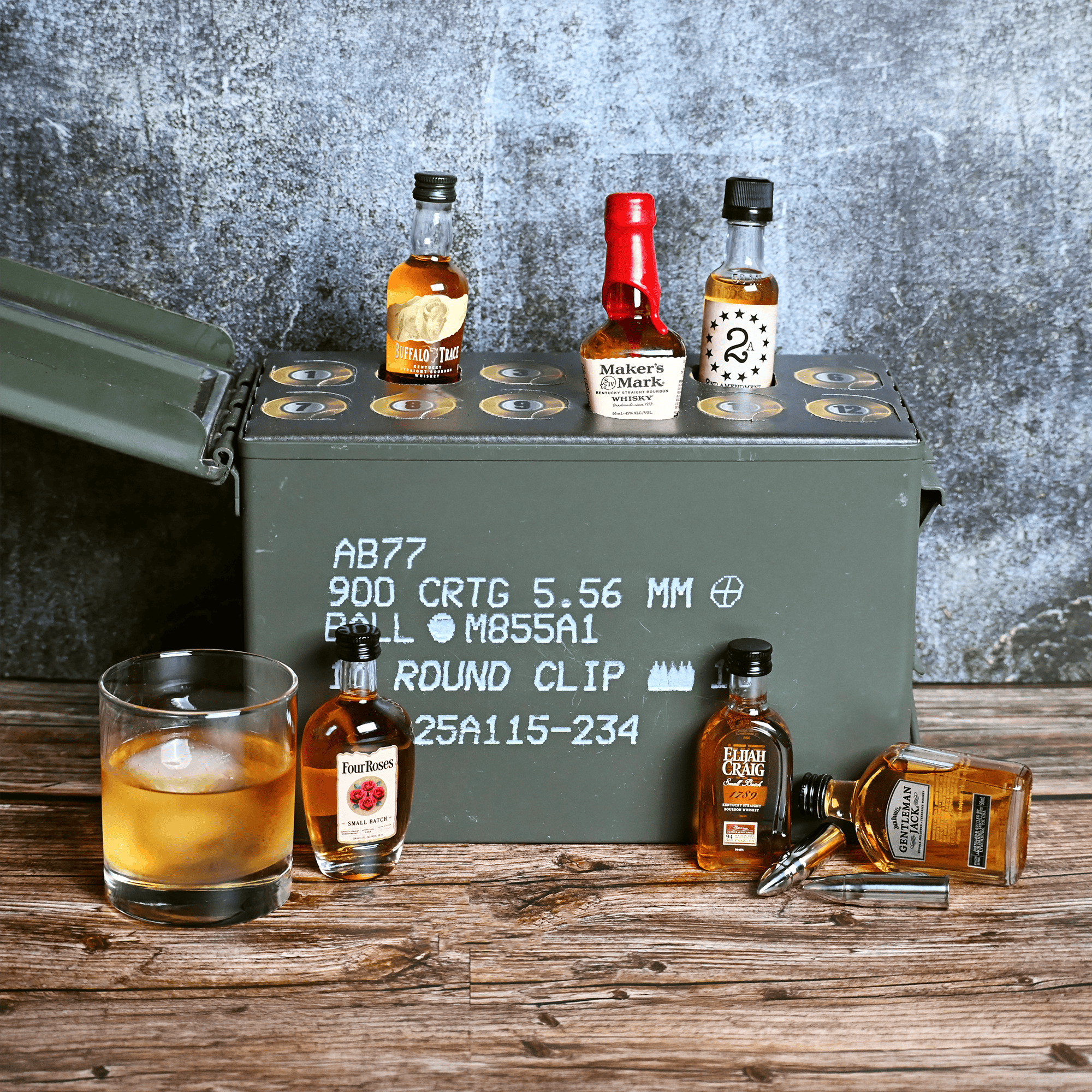 12 Mini 50ml bottles of whiskey in an advent style ammo can